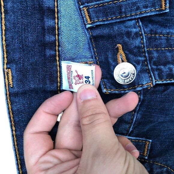 TRUE Religion Jeans Size 34 STRAIGHT ORANGE FLAP T Blue - Picture 6 of 8